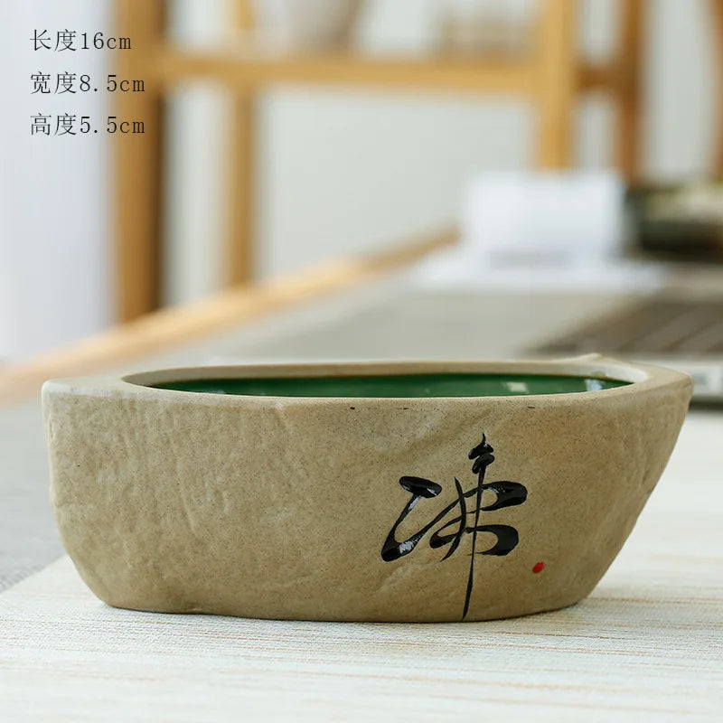 Home Garden Round Glazed Ceramic Beige-Green Color Black Chinese Writing Design Non-Porous Perforated Desktop Flower Pots