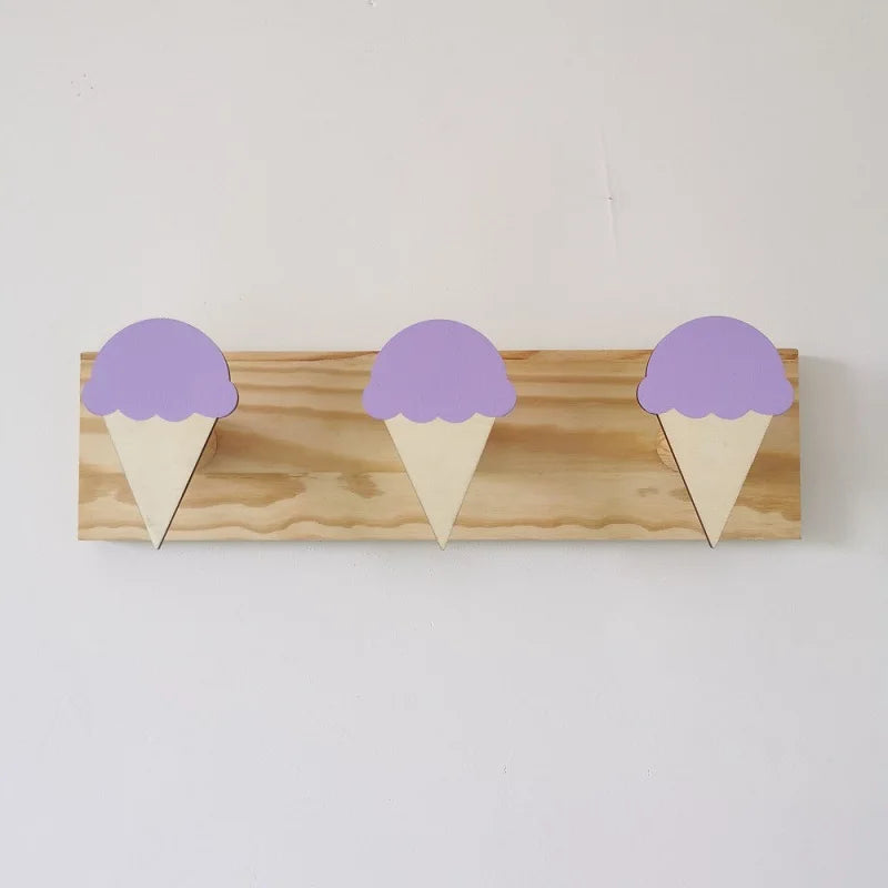Girls Wood Cartoon Animal Rabbits-Ice Cream-Fairies 3 Hooks Wall Mounted Coat Rack
