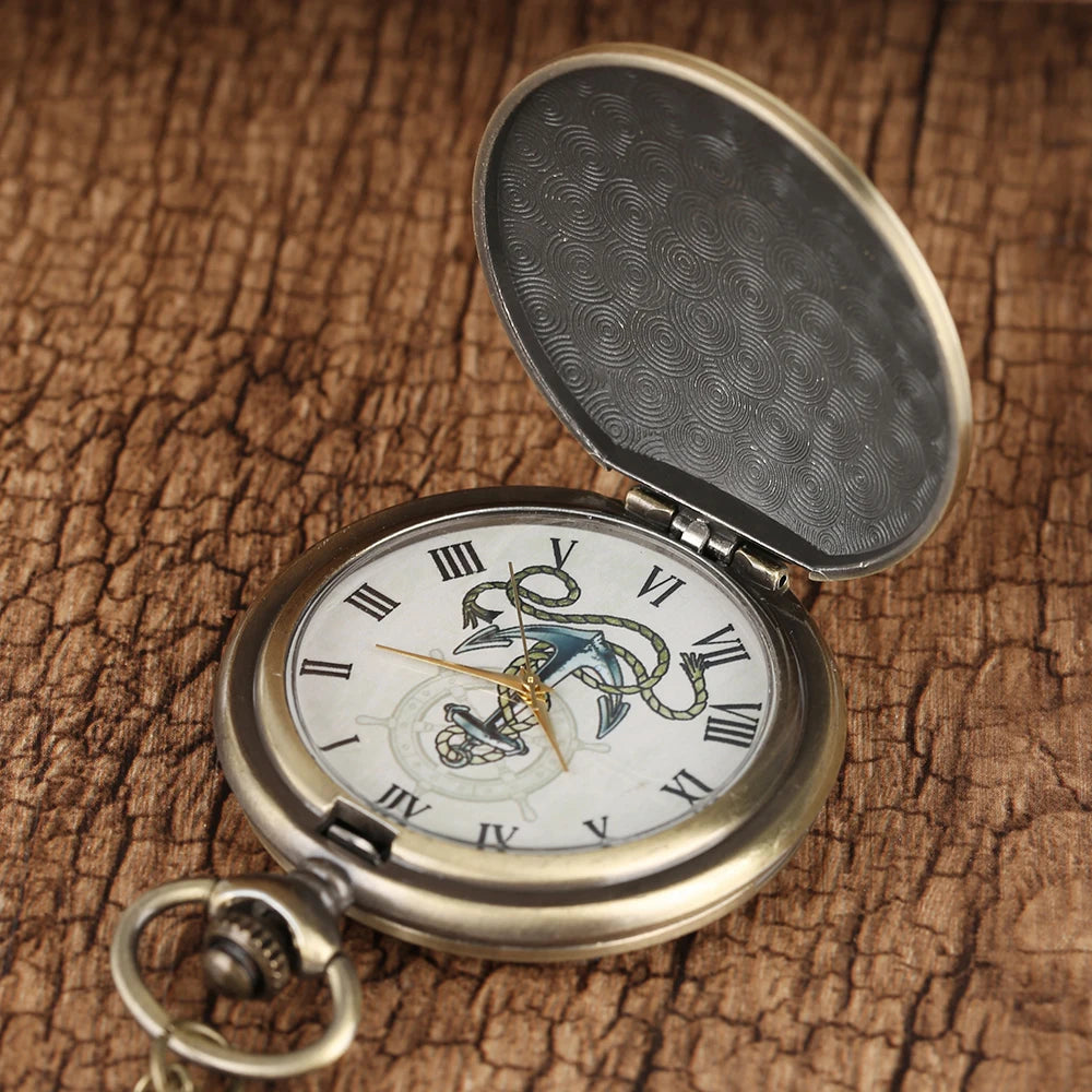 YISUYA Adults Waterproof Antique Japanese Quartz Bronze-Silver Metal Alloy Round Shaped Case 12 Hour Display Acrylic Face 3D Anchor-Rope Design Necklace Chain-Pocket Watches