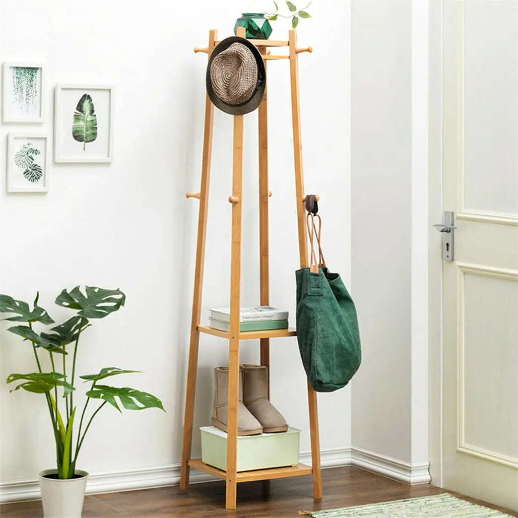BINGOPAW Modern Free-Standing Brown-Beige Bamboo Wood Two Shelves Eight Hooks Cloths-Coat Garment Racks/ Colors-Brown/Beige