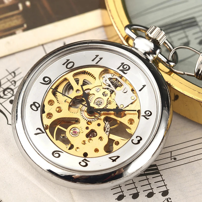 GORBEN Adults Analog Display Retro Silver-Bronze Round Roman Numeral Hand Winding Acrylic Face Stainless Steel Metal Japanese Polygon Mechanical Steampunk Skeleton Dial Pendant Chain-Pocket Watches/Gift Box Optional