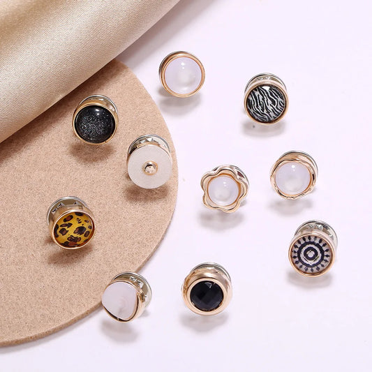 10 PCS Adult Women Imitation Metal Geometric Shape Simulated White Pearls Shiny Rhinestones Brooch Pins Sets/Colors-Black/Geometric/Multicolor/Animal
