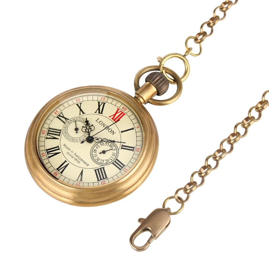 YISUYA Adults Antique Copper Color Round Shaped Acrylic Glass Face Hand Winding Stainless Steel Metal Case Skeleton Dial Roman Numeral London 1856-5 Hands Mechanical Chain-Pocket Watches