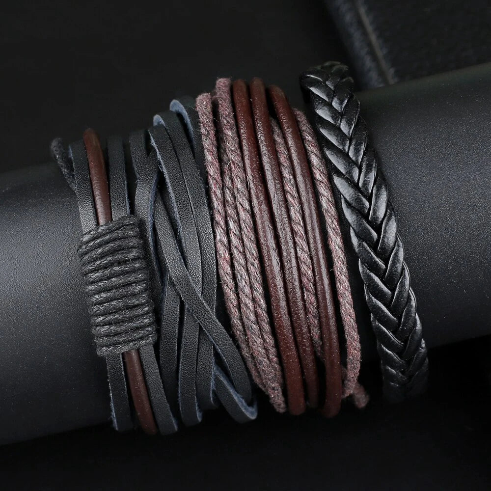 LIUJUN 4 PCS Adult Men Vintage Imitation Geometric Black-Brown Multilayer Rope Chain Woven Beaded Cord Leather Lace-Up Clasp Round Bracelets Sets