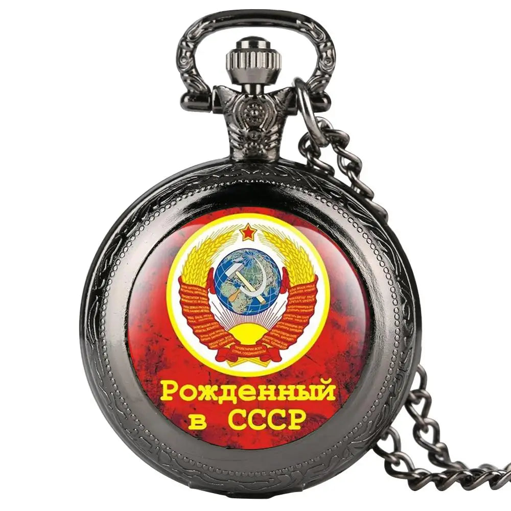 YISUYA Unisex Adults Quartz Movement Flip-Out Round Analog Display Acrylic Face Gold Russia Red Emblem Communism USSR Soviet Badges Sickle-Hammer Stainless Steel Metal Chain-Pocket Watches/ Colors-Gold/Bronze/Black/Silver