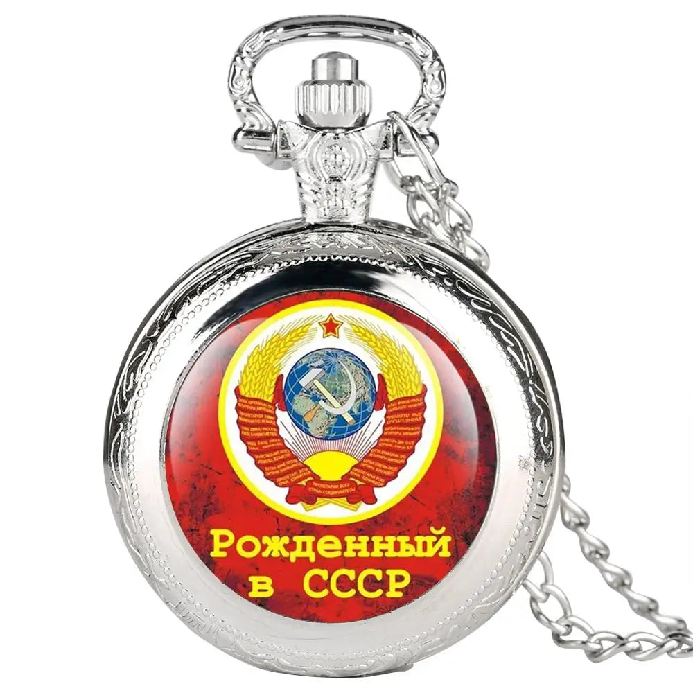 YISUYA Unisex Adults Quartz Movement Flip-Out Round Analog Display Acrylic Face Gold Russia Red Emblem Communism USSR Soviet Badges Sickle-Hammer Stainless Steel Metal Chain-Pocket Watches/ Colors-Gold/Bronze/Black/Silver