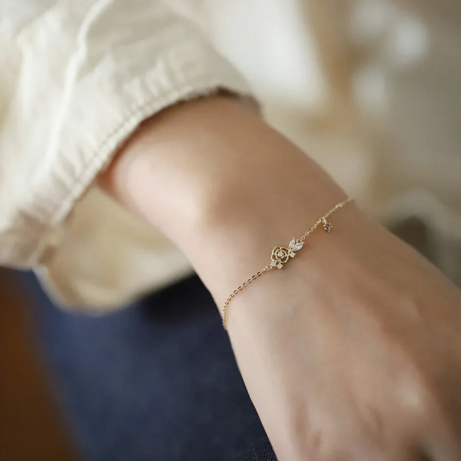 OBEAR Adult Women Korea Zircon Stone Hollow Out Floral Flower Design Non-Allergenic Sterling Silver 14K Gold-Plated Beaded Fine Charm Bracelets