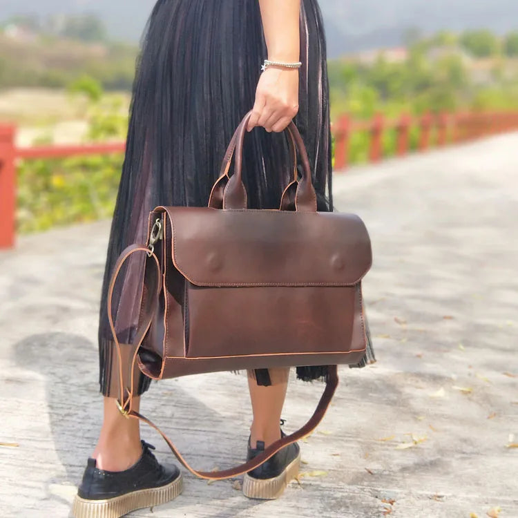 No-EN-Name-Null Women Modern Brown Rectangle Shaped Hard Faux Leather Metal Zipper A4 File Document Bag Polyester Lining Built-In 14 Inch Laptop Compartment One Shoulder Soft Straps-Two Soft Handles Business Briefcases/ Colors-Black/Brown/Gray