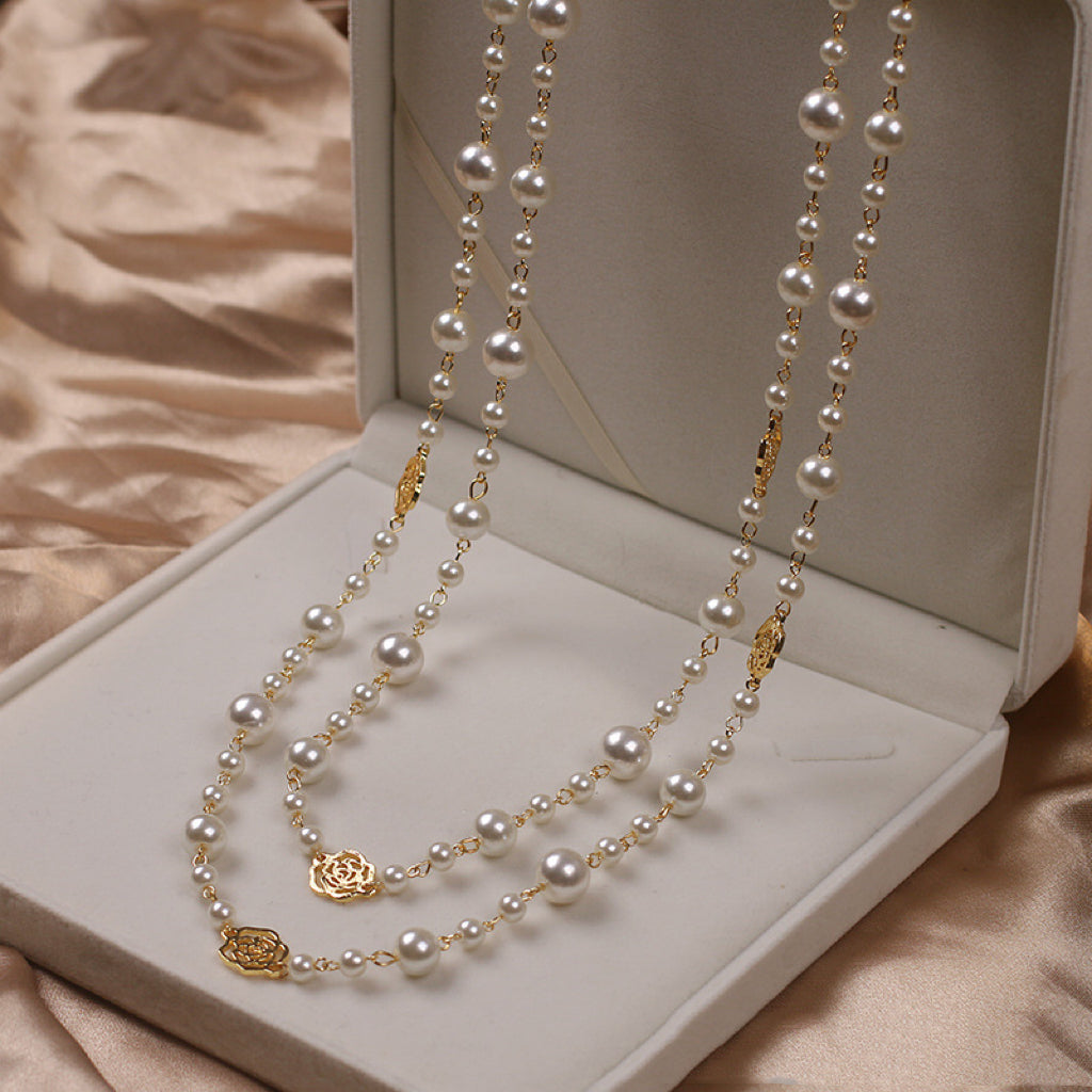 Yaoyizun Camellia Pearl Necklace 2024 New Arrival Light Luxury Temperament Double Layer Twin Sweater Chain Long