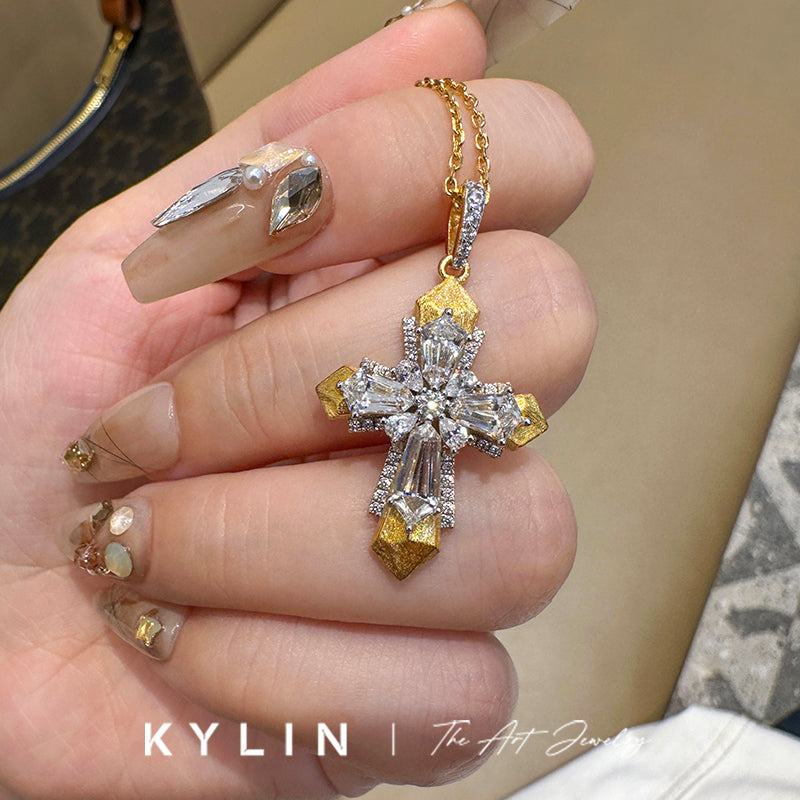 QIXUAN Adult Unisex Fine Imitation Sterling Silver-Gold-Plated Metal Inlaid Artificial Clear White Shiny Diamond-Like Gemstones Cross Pendant Clavicle Chain Necklaces