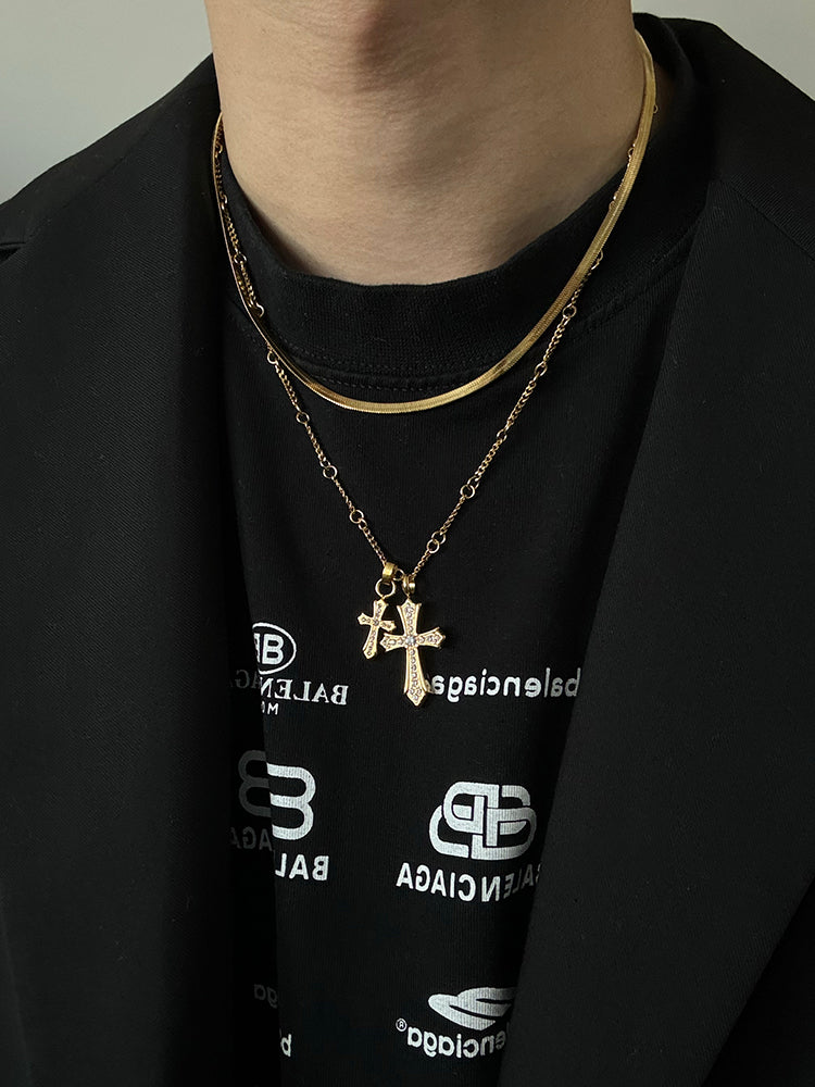 SVP Men Fine Imitation Titanium Steel Metal Clear White Shiny Diamond-Like Gemstones Two Cross Pendant Gold-Silver Chain Necklaces