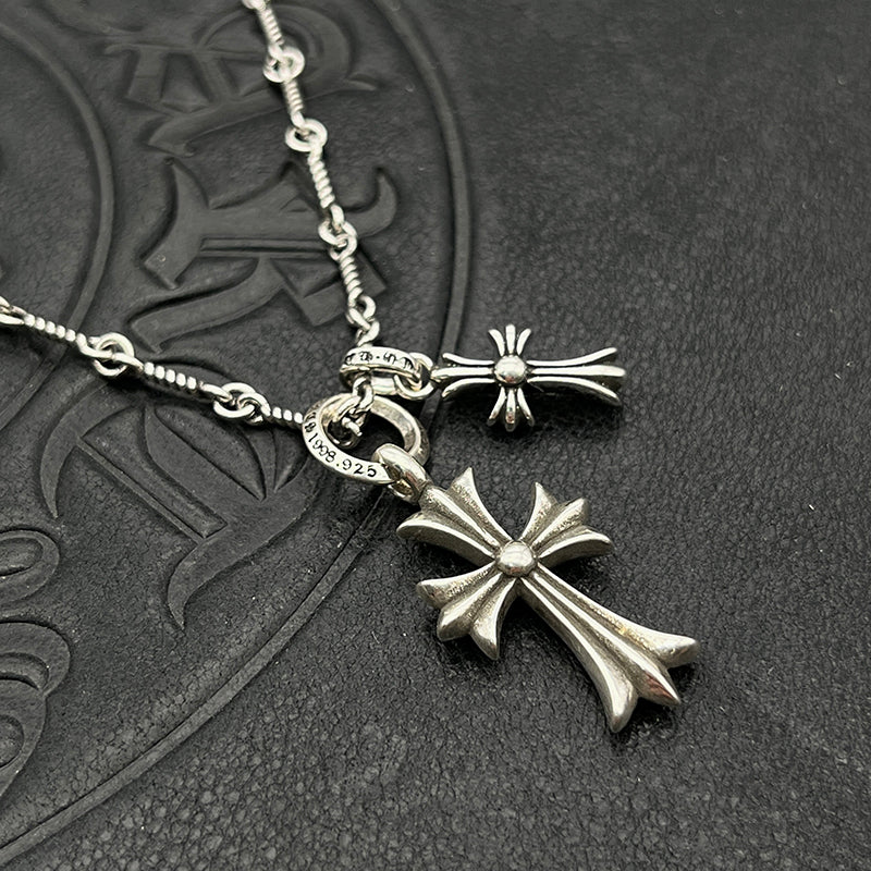 AZER KVK Adult Unisex Fine Imitation Silver Metal Alloy Gold-Silver Plated One Small-One Large CROSS DUO Pendant Distressed Style O-Ring Necklaces