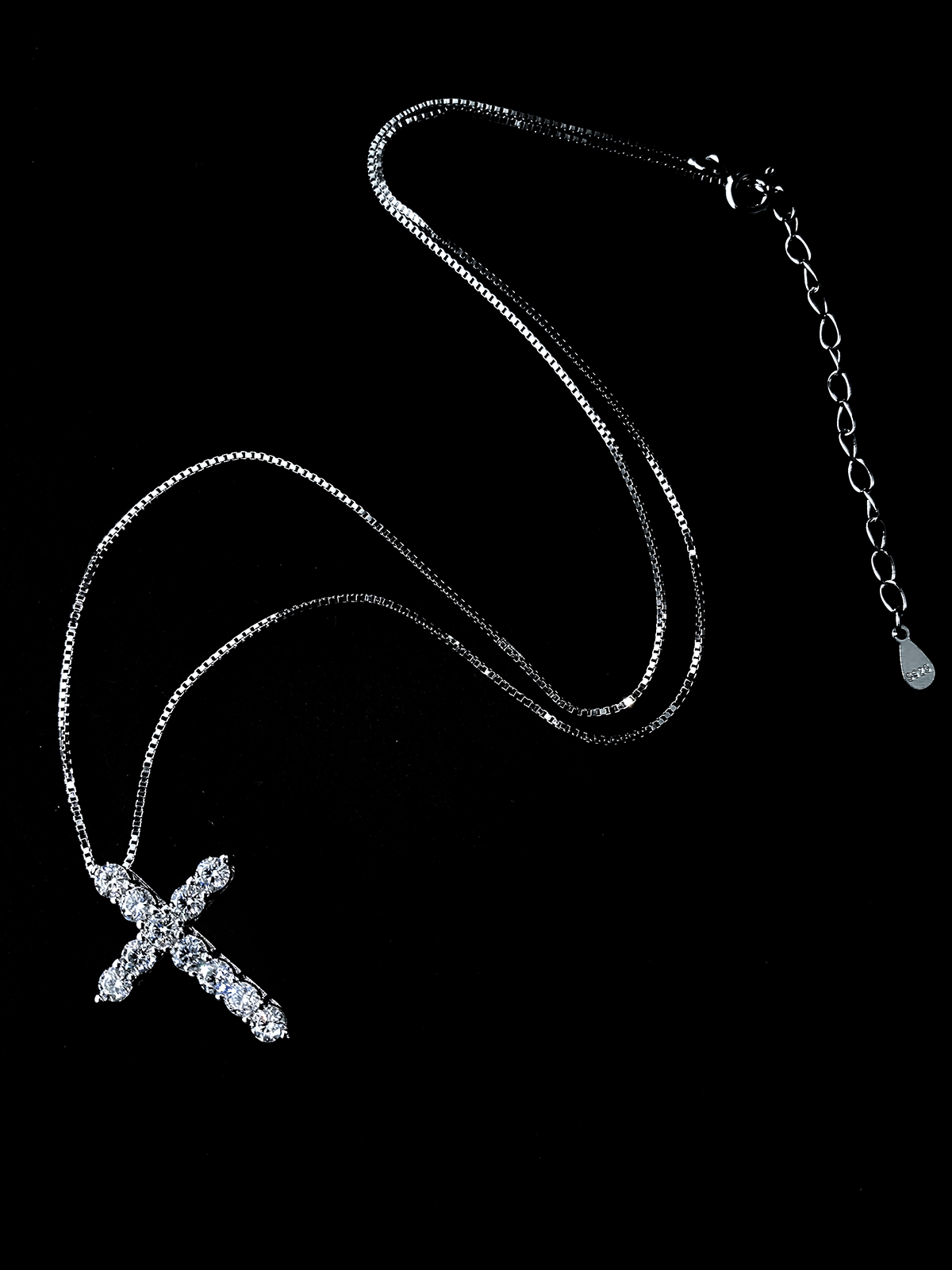 ZHENAI Adult Unisex Fine Imitation Sterling Silver-Plated Geometric Inlaid Clear White Shiny Moissanite Full Diamond-Like Gemstones Cross Pendant Box Chain Necklaces