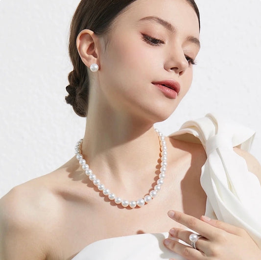 Women Fine Imitation Silver Metal Mother-Of-Pearl White Beaded Clavicular Chain Necklace-Two Big White Pearl Beaded Earrings Jewelry Sets