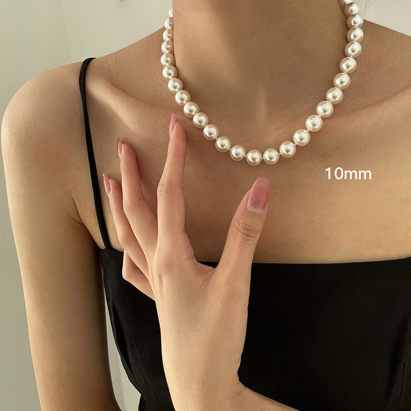 Women Fine Imitation Silver Metal Mother-Of-Pearl White Beaded Clavicular Chain Necklace-Two Big White Pearl Beaded Earrings Jewelry Sets
