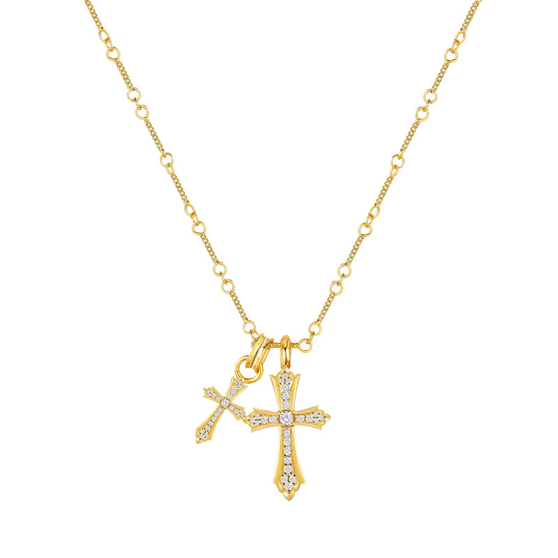 SVP Men Fine Imitation Titanium Steel Metal Clear White Shiny Diamond-Like Gemstones Two Cross Pendant Gold-Silver Chain Necklaces
