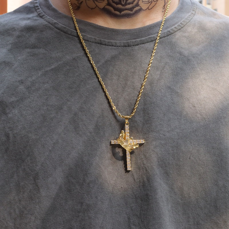 Men Fine Imitation Silver-Gold-Plated Metal Clear White Shiny Diamond-Like Stones Large Cross-Crown Pendant Necklaces