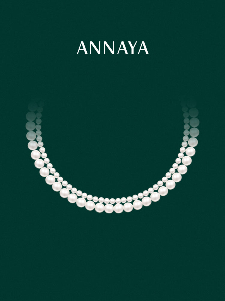 Adult Women Annaya Baby Swarovski Crystal Glass Double-Layer Twin Shell White Pearls Ball Chain Imitation Metal Pendant Necklaces/ Colors-White/Silver/Blue