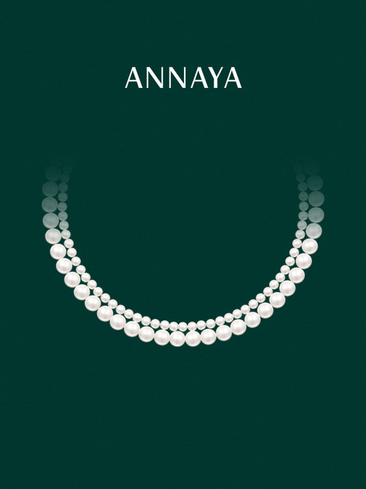 Adult Women Annaya Baby Swarovski Crystal Glass Double-Layer Twin Shell White Pearls Ball Chain Imitation Metal Pendant Necklaces/ Colors-White/Silver/Blue