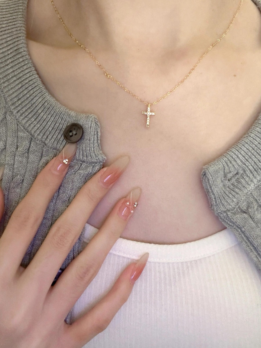 Women New Fine Imitation Gold-Sliver Titanium Steel Metal Christian Faith Mini Cross Shaped Inlaid Un-Mosaic Shiny Clear White Diamond-Like Stones Chain Electroplated Necklaces