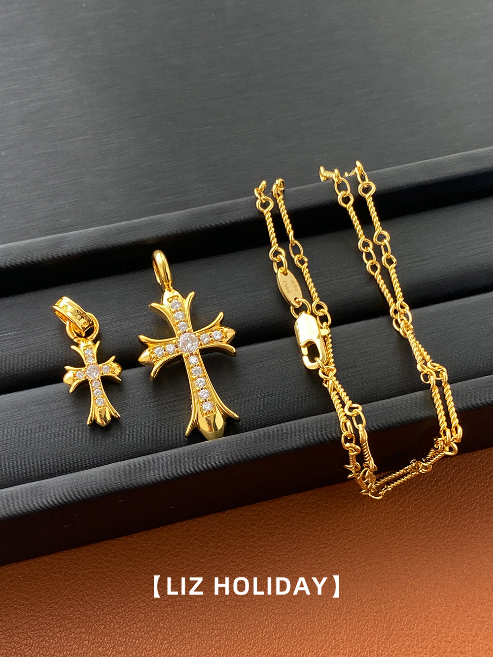 Women Unisex Fine Imitation Copper-Brass-Gold-Plated Metal Clear White Diamond-Like Stones Pink Crystal Semi Gemstones One Large-One Small Cross Pendants Chain Necklaces/Colors-Gold/Silver/Multicolor/Clear/White/Pink