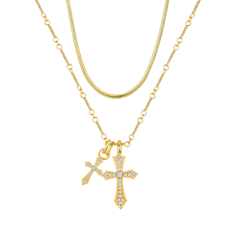 SVP Men Fine Imitation Titanium Steel Metal Clear White Shiny Diamond-Like Gemstones Two Cross Pendant Gold-Silver Chain Necklaces