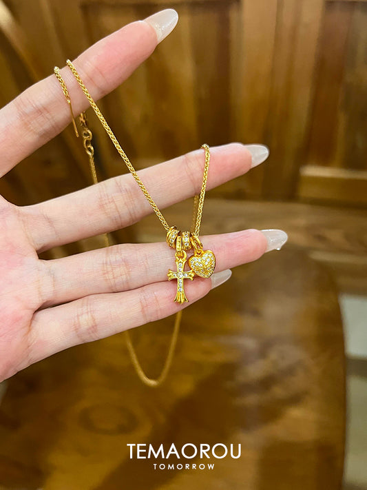 TEMAORROU Women Inlaid Artificial Gemstones Gold-Plated Metal Alloy Cross-Heart-Roman Numerals Pendant Round Clavicular Chain Imitation Necklaces