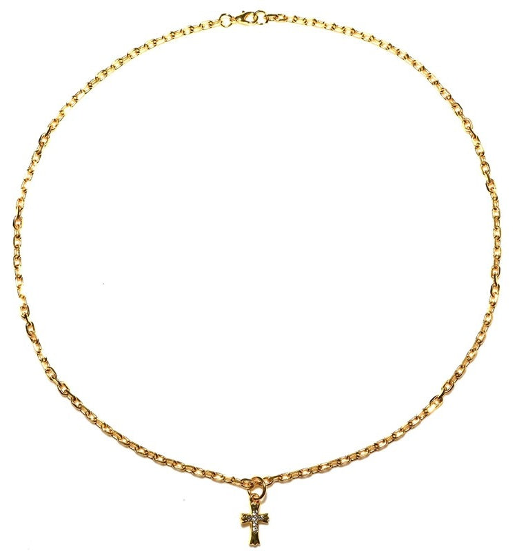 MR.L Unisex Fine Imitation Titanium Steel Metal Small Short Cross Pendant Shaped Couple's Clavicle Chain 18K Gold-Plated Inlaid Artificial Diamond-Like Clear White Semi-Precious Gemstones Necklaces