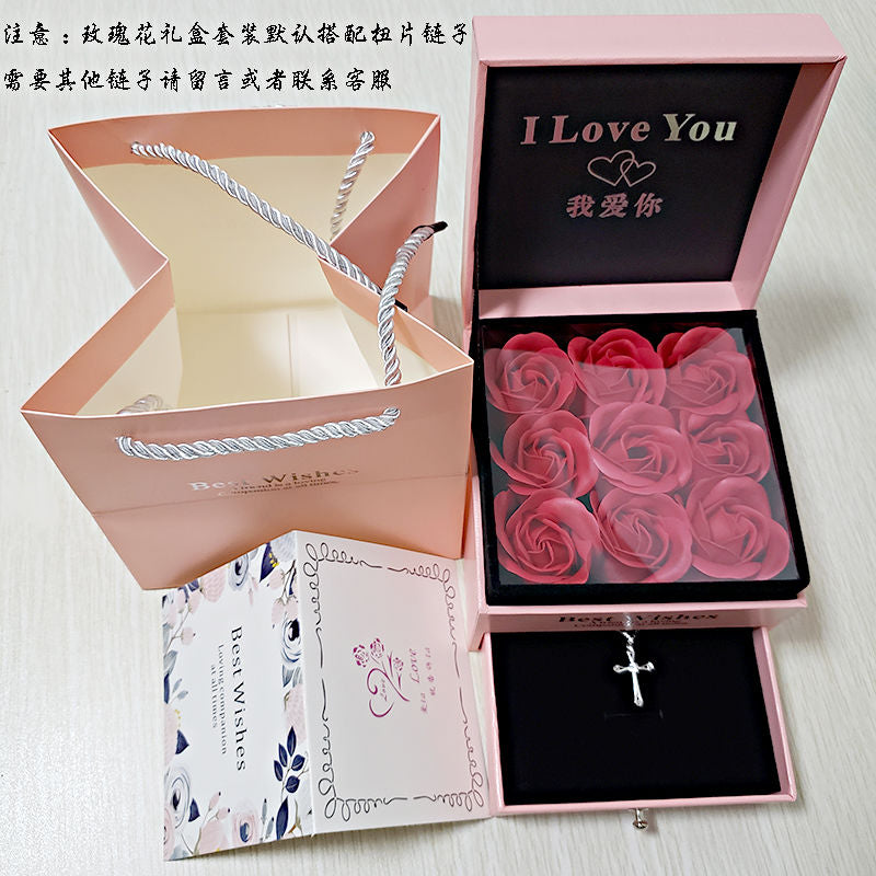 WEIFENG SANDALWOOD Women Unisex Fine Imitation Sterling Silver-Rose Gold Metal Diamond-Like Geometric Clear White Stones Cross Shaped Pendant Clavicle Chain Necklaces