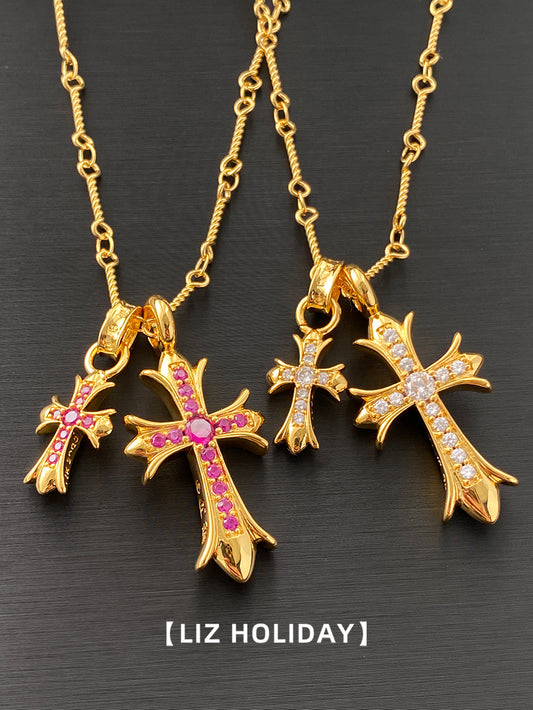 Women Unisex Fine Imitation Copper-Brass-Gold-Plated Metal Clear White Diamond-Like Stones Pink Crystal Semi Gemstones One Large-One Small Cross Pendants Chain Necklaces/Colors-Gold/Silver/Multicolor/Clear/White/Pink