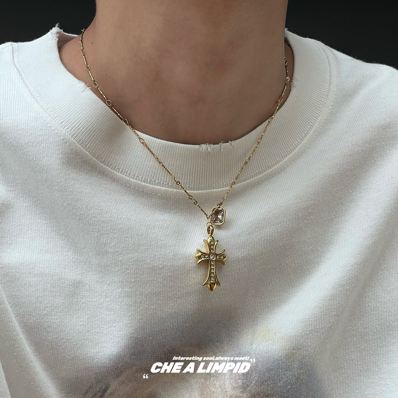 Unisex Fine Imitation Titanium Steel Alloy Silver-Gold Plated Metal Clear White Shiny Diamond-Like Gemstones Cross Pendant Necklaces