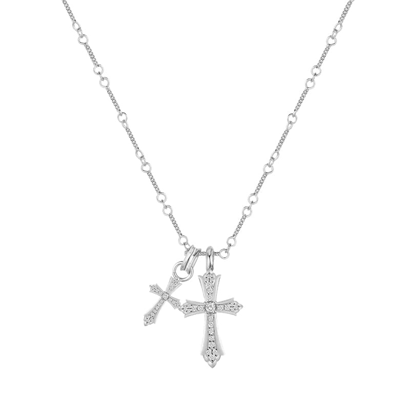 SVP Men Fine Imitation Titanium Steel Metal Clear White Shiny Diamond-Like Gemstones Two Cross Pendant Gold-Silver Chain Necklaces