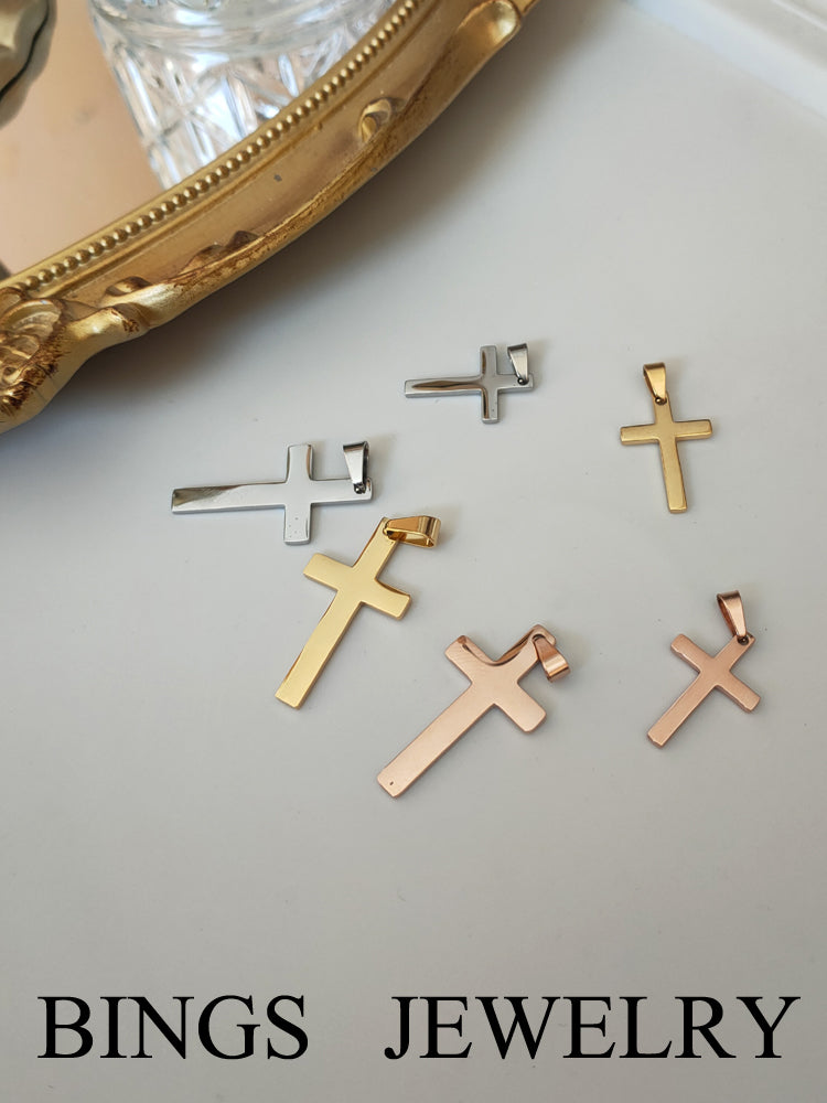 Adults Unisex Fine Imitation Bronze-Titanium Steel Metal 18K Silver-Gold Plated Polished Cross Charms-Pendants