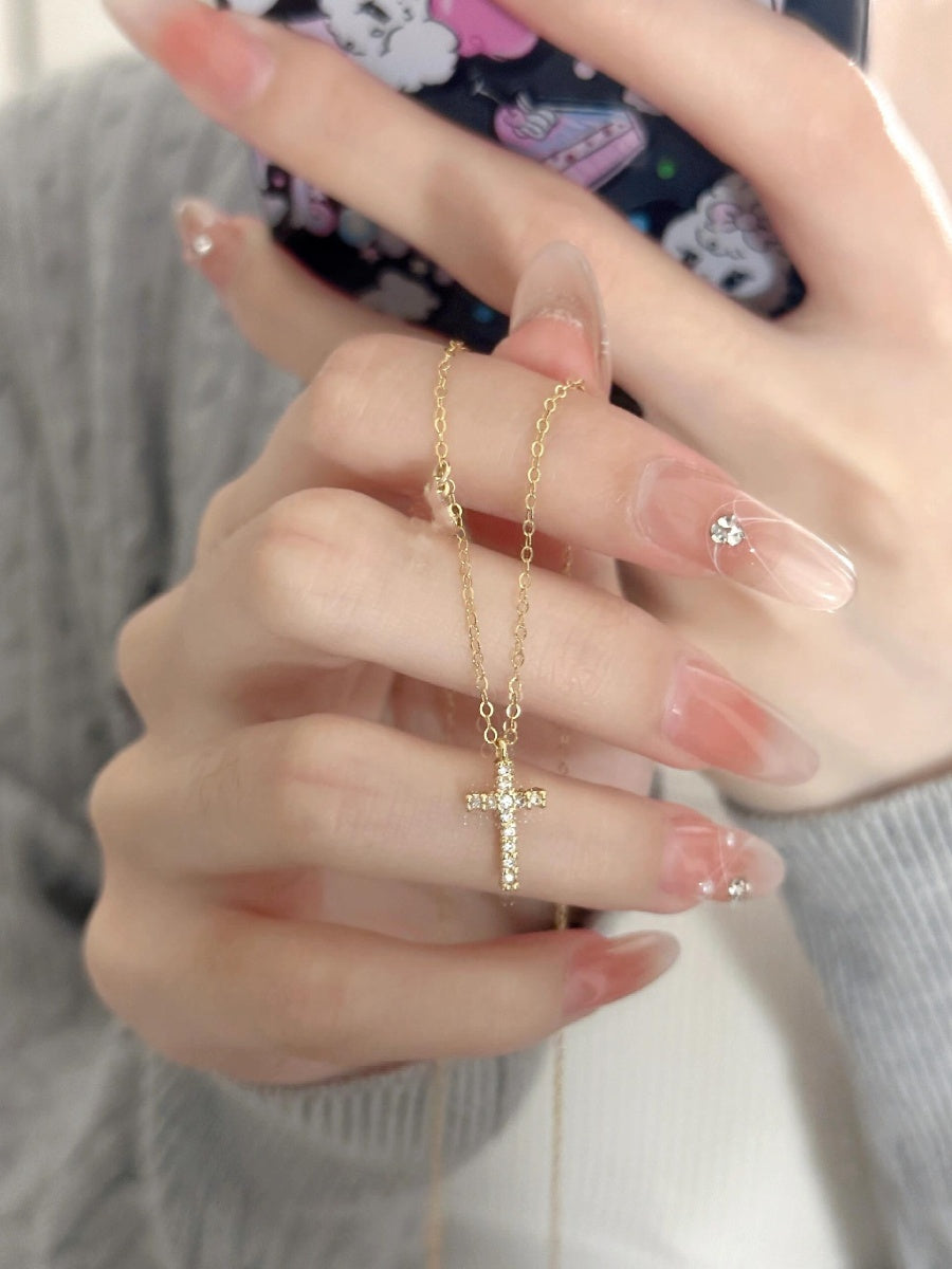 Women New Fine Imitation Gold-Sliver Titanium Steel Metal Christian Faith Mini Cross Shaped Inlaid Un-Mosaic Shiny Clear White Diamond-Like Stones Chain Electroplated Necklaces