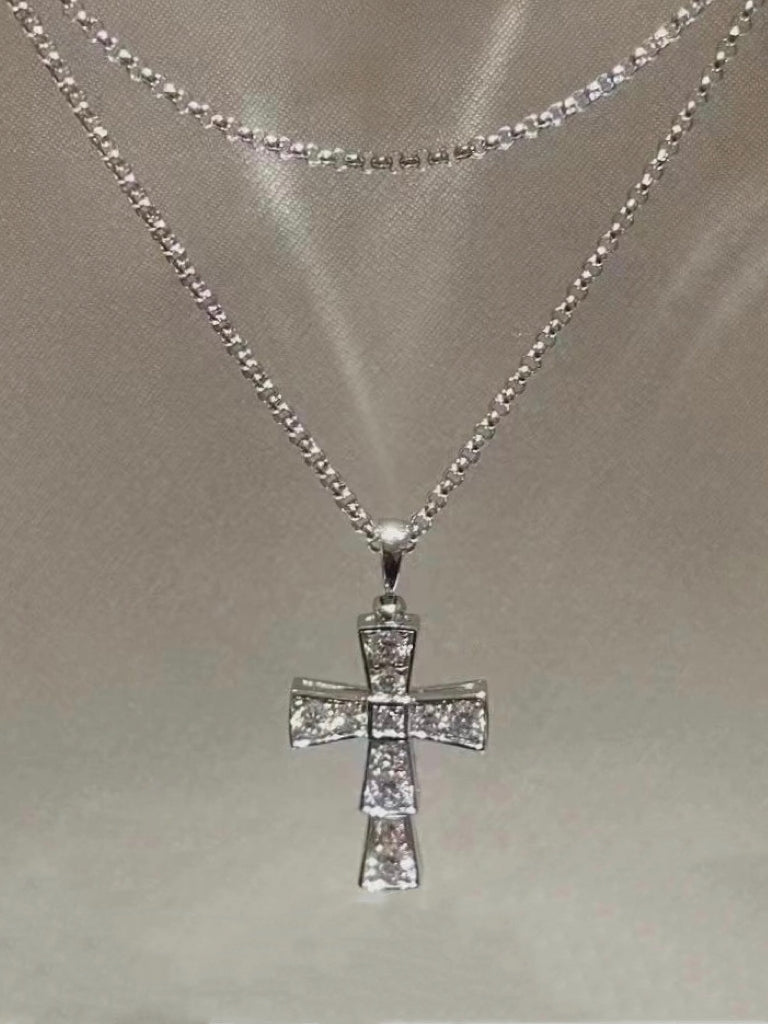 SHANG MEI PLATINUM Adult Unisex Fine Imitation Alloy Metal Silver-Gold-Plated Inlaid 18K Gold Clear White Shiny Full Diamond Gemstones Mini Cross Pendant Clavicle Chain Necklaces