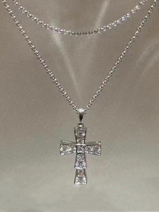 Snake Year Full Diamond Cross Necklace 18K Clavicle Chain Hip Hop Diamond-Embedded Niche Style Necklace Couple Goddess Festival Gift