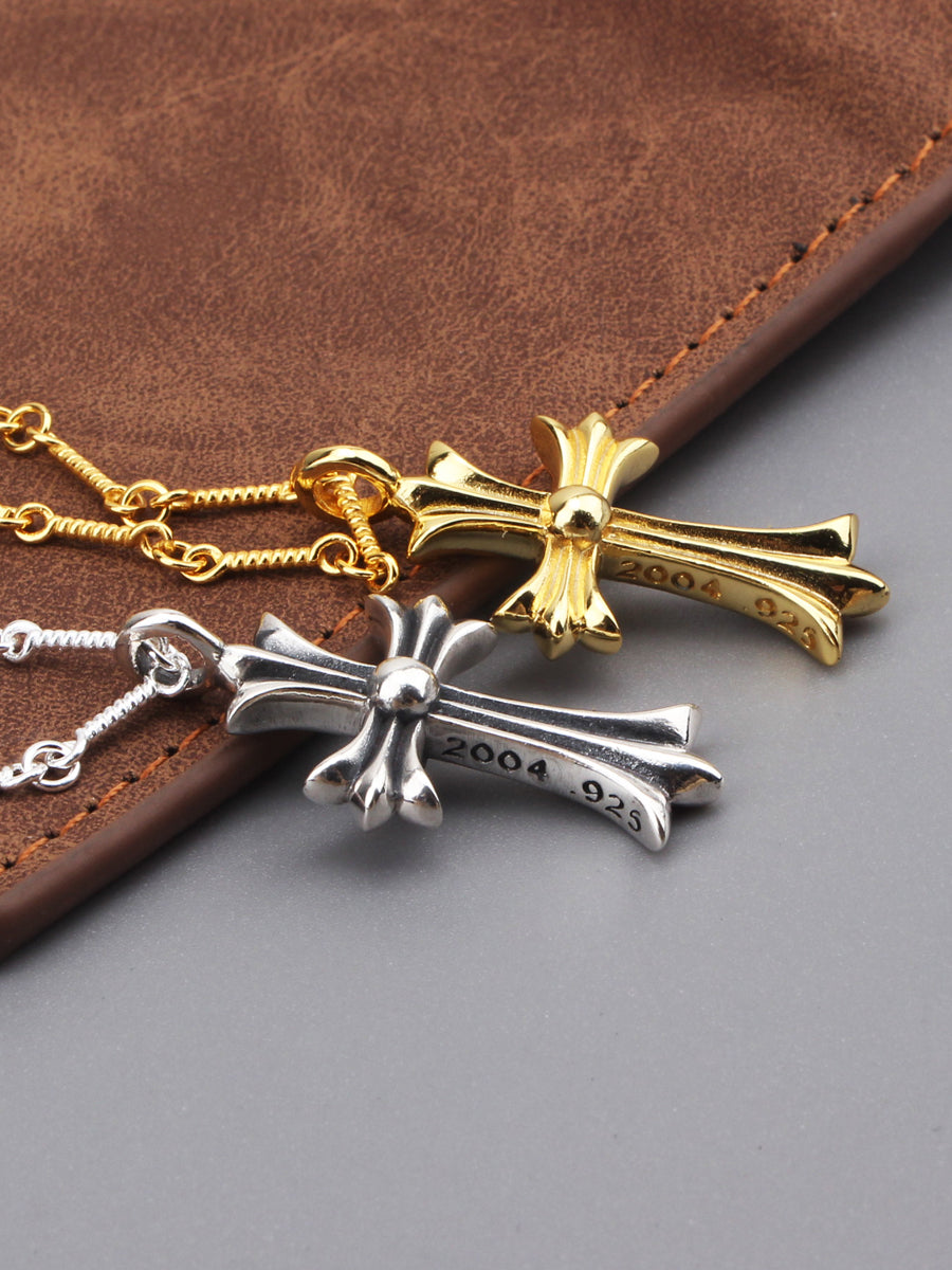 Adult Unisex Fine Imitation Silver-Gold-Plated Clear White Shiny Diamond-Like Gemstones-Silver Metal Cross Pendant Necklaces