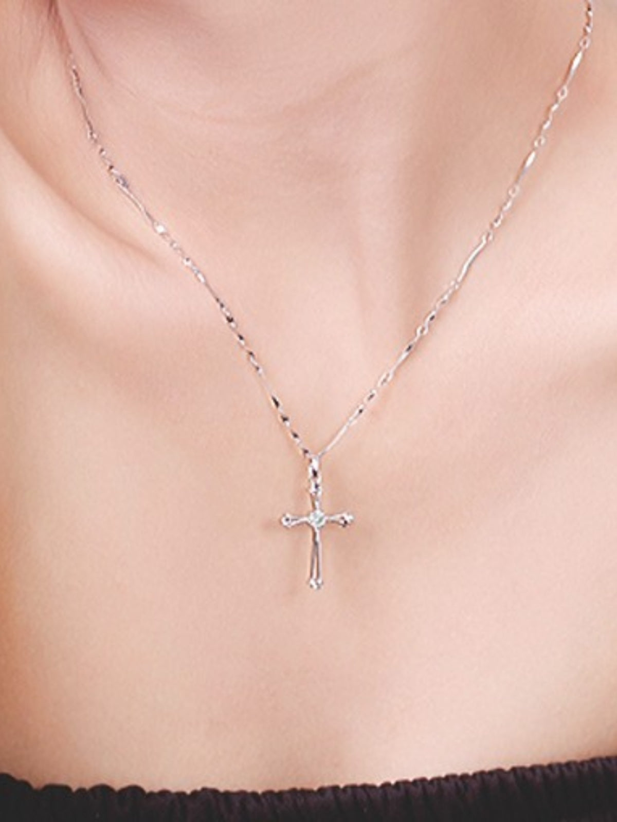 WEIFENG SANDALWOOD Women Unisex Fine Imitation Sterling Silver-Rose Gold Metal Diamond-Like Geometric Clear White Stones Cross Shaped Pendant Clavicle Chain Necklaces