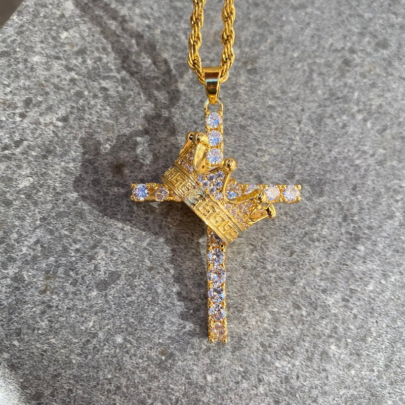 Men Fine Imitation Silver-Gold-Plated Metal Clear White Shiny Diamond-Like Stones Large Cross-Crown Pendant Necklaces