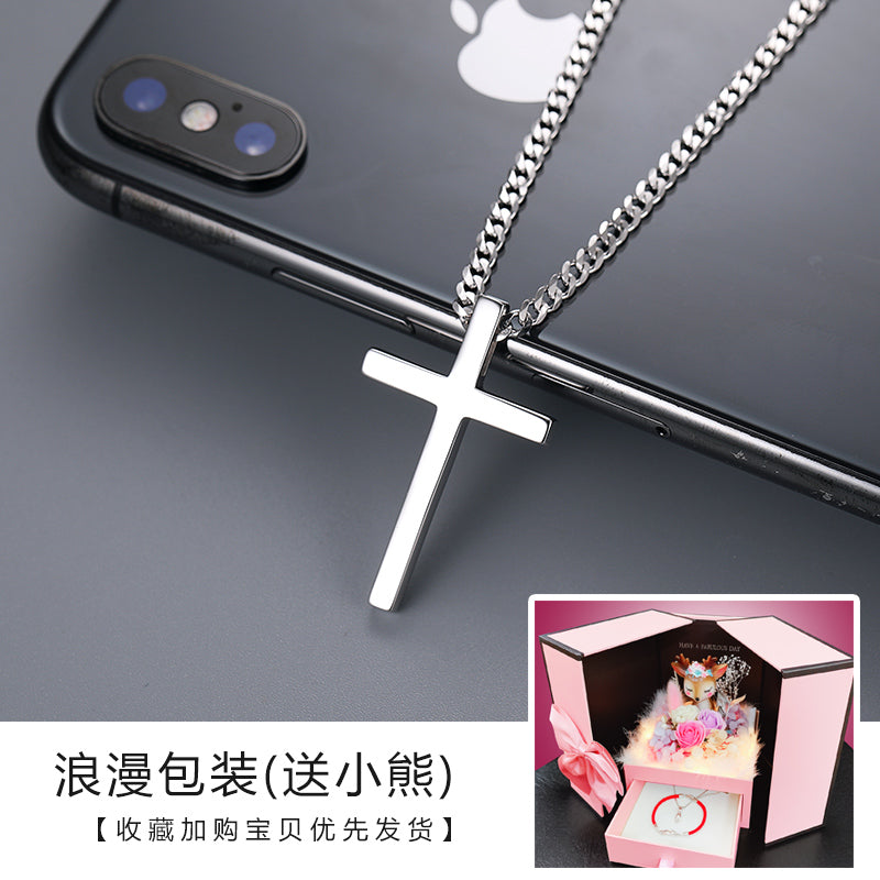 European Unisex Couple's Sterling Silver Metal Cross Pendant Fine Imitation Vera Chain Necklaces