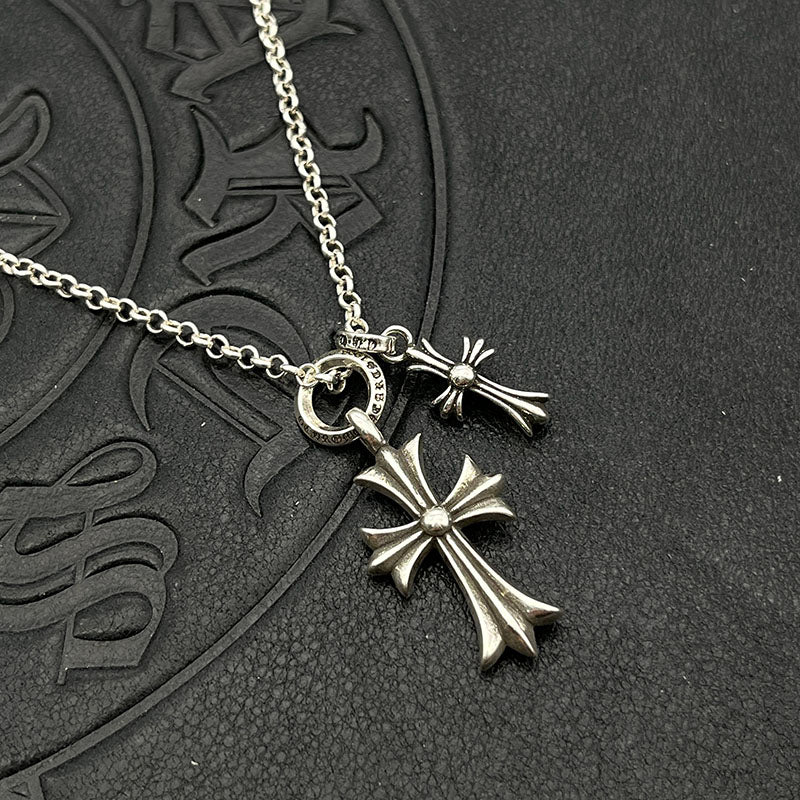 AZER KVK Adult Unisex Fine Imitation Silver Metal Alloy Gold-Silver Plated One Small-One Large CROSS DUO Pendant Distressed Style O-Ring Necklaces