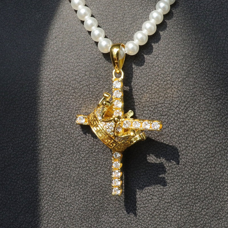 Men Fine Imitation Silver-Gold-Plated Metal Clear White Shiny Diamond-Like Stones Large Cross-Crown Pendant Necklaces
