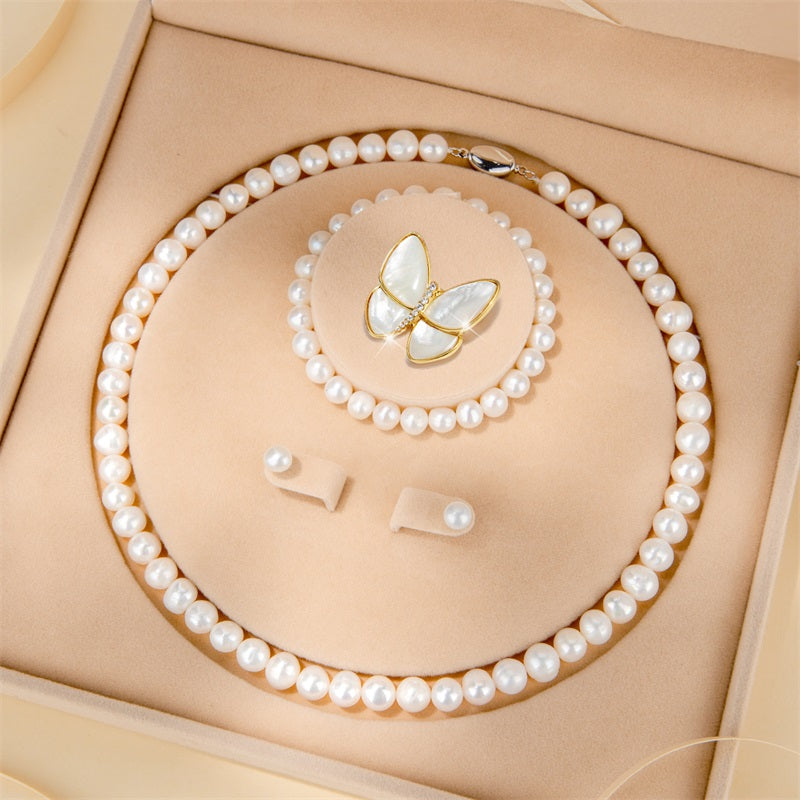 YALENDI Adult Women Imitation Natural White Pearl Necklace-Bracelet-Two Earrings Silver Sterling Metal Ball Chain Fine Jewelry Sets/Colors-White/Silver