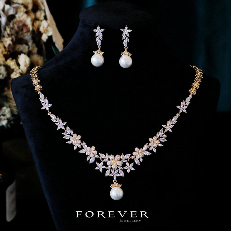 Women Fine Imitation Gold-Silver Plated Metal Alloy Dazzling Korean Flowers Big White Pearl Bridal Beaded Necklace-Two Big White Pearl Floral Earrings Jewelry Sets