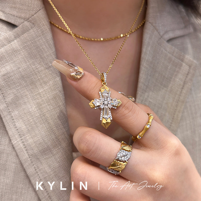 QIXUAN Adult Unisex Fine Imitation Sterling Silver-Gold-Plated Metal Inlaid Artificial Clear White Shiny Diamond-Like Gemstones Cross Pendant Clavicle Chain Necklaces