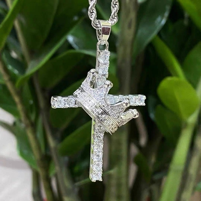 Men Fine Imitation Silver-Gold-Plated Metal Clear White Shiny Diamond-Like Stones Large Cross-Crown Pendant Necklaces