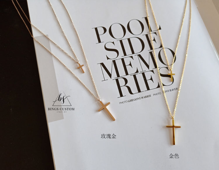 BINGS CUSTOM Adult Women Fine Imitation 18K Gold-Rose Gold-Plated Titanium Steel Metal Double-Layer Two Cross Pendant Necklaces