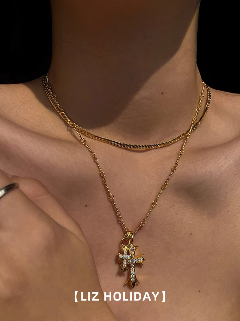 Women Unisex Fine Imitation Copper-Brass-Gold-Plated Metal Clear White Diamond-Like Stones Pink Crystal Semi Gemstones One Large-One Small Cross Pendants Chain Necklaces/Colors-Gold/Silver/Multicolor/Clear/White/Pink