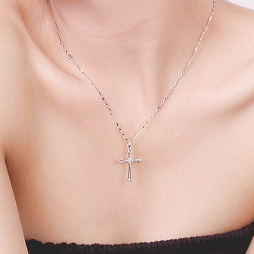 WEIFENG SANDALWOOD Women Unisex Fine Imitation Sterling Silver-Rose Gold Metal Diamond-Like Geometric Clear White Stones Cross Shaped Pendant Clavicle Chain Necklaces