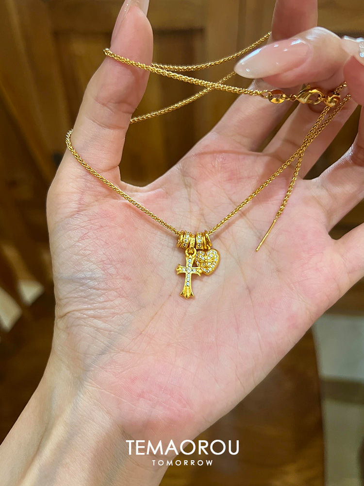 TEMAORROU Women Inlaid Artificial Gemstones Gold-Plated Metal Alloy Cross-Heart-Roman Numerals Pendant Round Clavicular Chain Imitation Necklaces